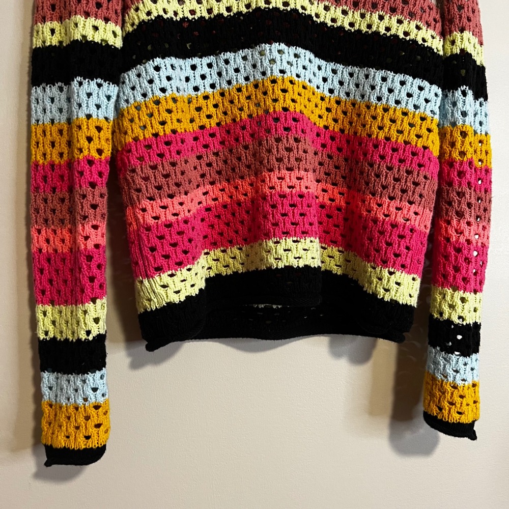Lisa Todd Womens XS Striped Open Knit Cotton Blend Sweater Multi-Color Crew Neck - Picture 3 of 7